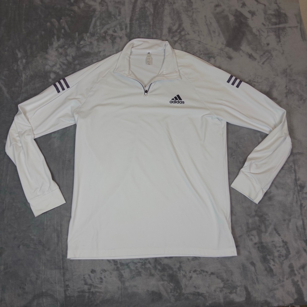 Adidas Quarter Zip Pullover Mens Large White 3-Stripe Long Sleeve Golf Active